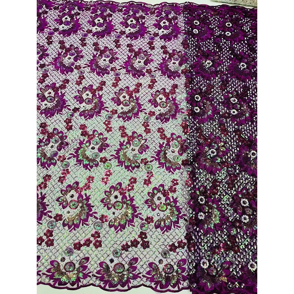 2022 Latest Nigerian Net Sequin Lace Beaded Fabric Floral Mesh Luxury Design Material for Sewing African Women Party Night Dress
