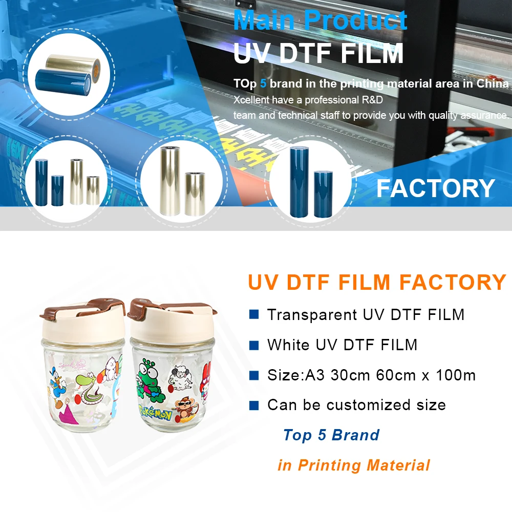 Xcellent Low-Temperature UV DTF Sticker Transfer Film A3 30cm 43cm Roll for Wood Glass A4 Size Paper AB Film for Ceramics