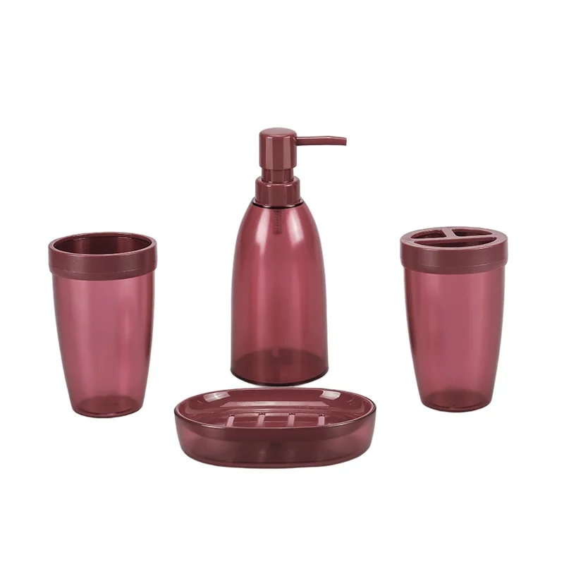 Hot Sale Toilet Accessories Burgundy Plastic 4-Piece Bathroom Accessories Set