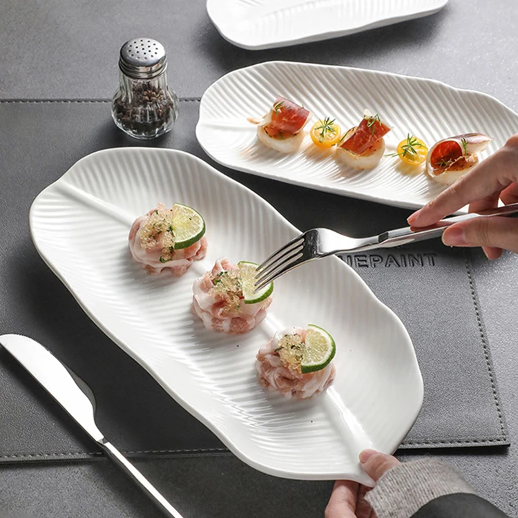 Nordic Ins style white Ceramic feather banana leaf plate porcelain sushi dessert plate barbecue Tray hotel tableware