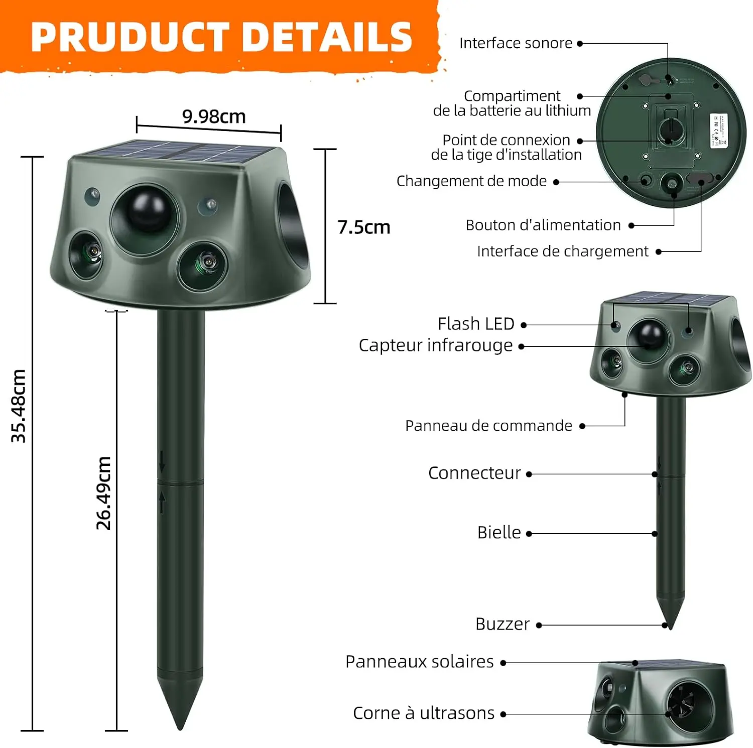 Saizjek Top Sale High Effective Wild Animal Repeller 4PIR Sensor High Sensitive to Repel Cat Deer Monkey fox wolf snake mole