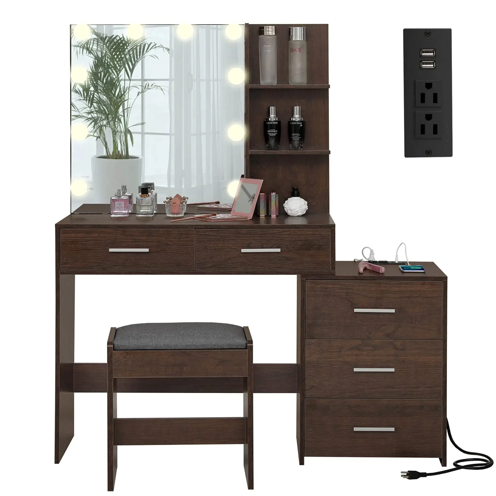 Cosmetics Vanity with USB port and socket, vanity with 5 drawers, storage shelf makeup table