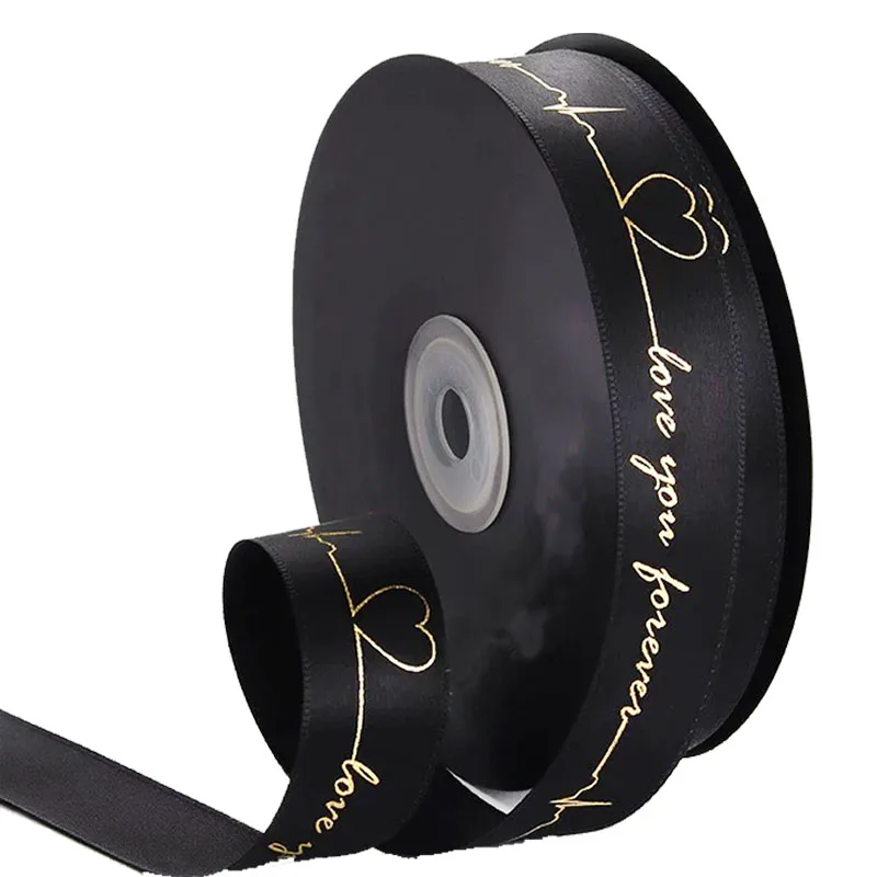 Best price Wholesale custom screenprint heat transfer logo gift wrapping celebration tape 3D gold foil printed roll black ribbon