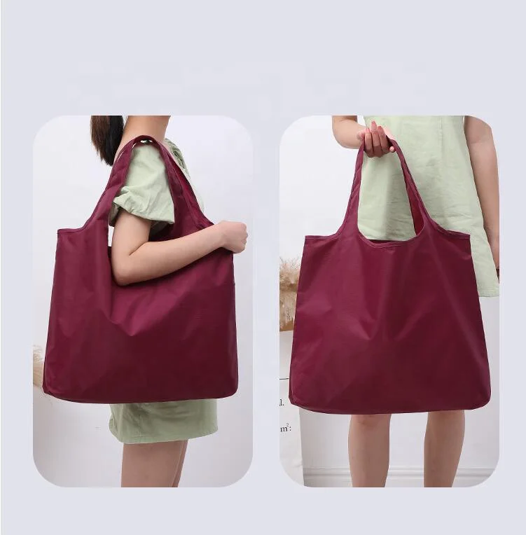 2024 Custom Logo recycled polyester folding tote bags 210 Rip stop nylon gift tote bag foldable polyester grocery shopping bags