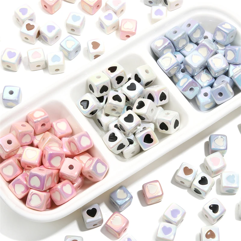 Factory Wholesale 12mm Cute Square Acrylic Colorful Heart Beads Loose UV Cube Beaded For DIY Jewelry Bracelet Phone Chain Making