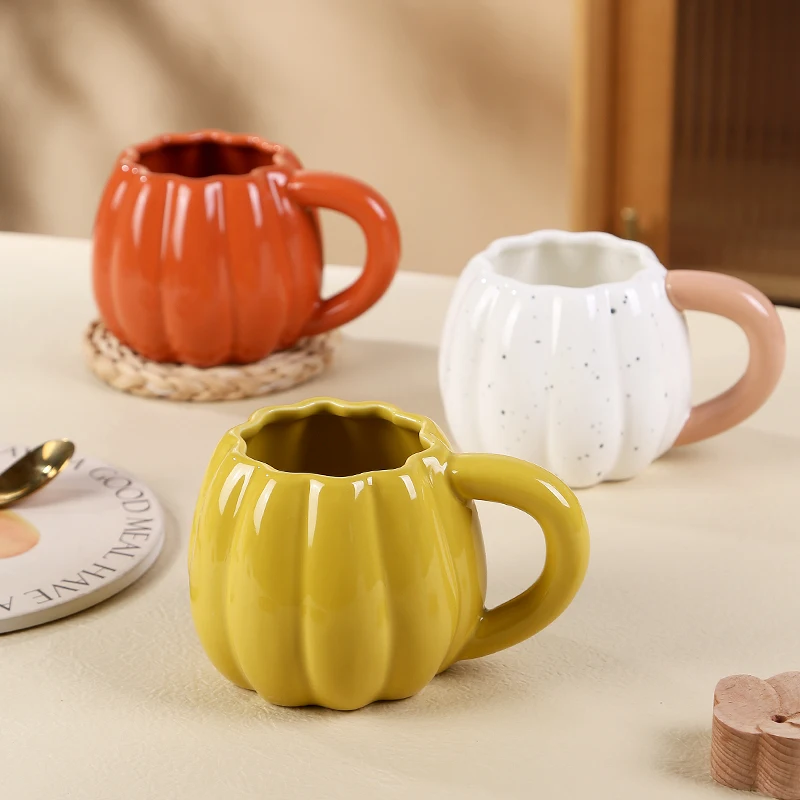 Hot sale customized speckle glaze breakfast milk tea cup halloween pumpkin coffee ceramic mug with round handle