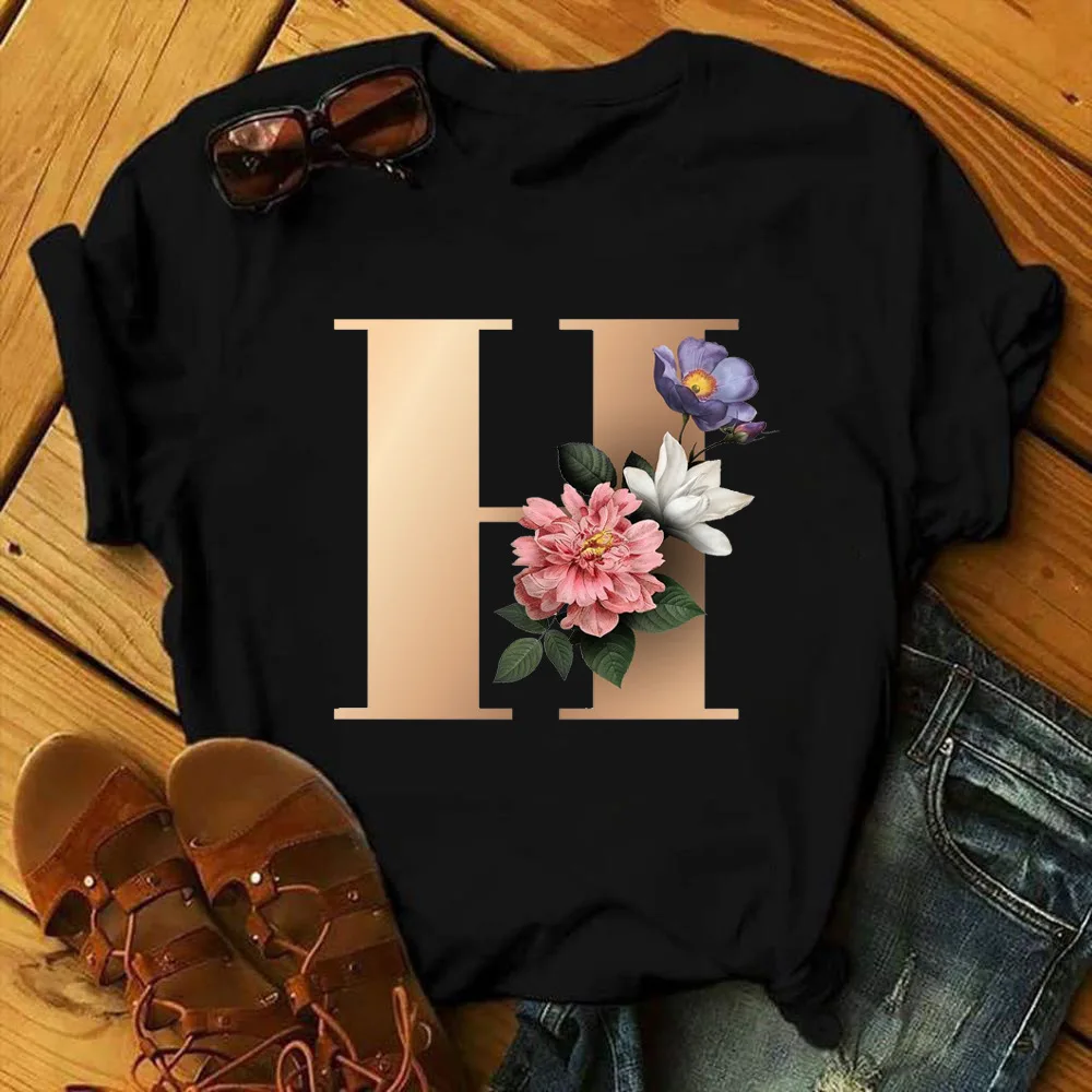 Изготовленный на заказ со словом рисунком именем буквами комбинации модная женская футболка с принтом цветок шрифт A B C D E F G Топы коротким рукавом черная одежда