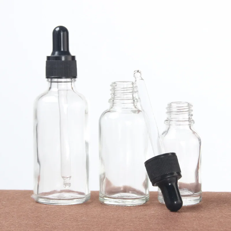 Clear Cosmetic Glass Bottle Empty Round Essential Oil Bottle with Dropper Cap