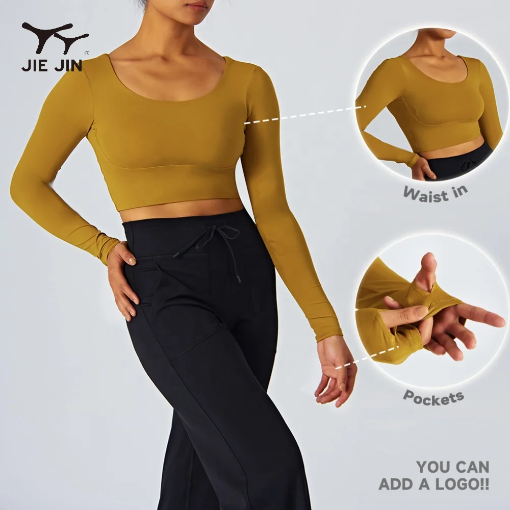 JIEJIN Designer Apparel Yoga Wear Outfits Sports Workout Cross Back Long Sleeve Crop Top Women Gym T Shirt