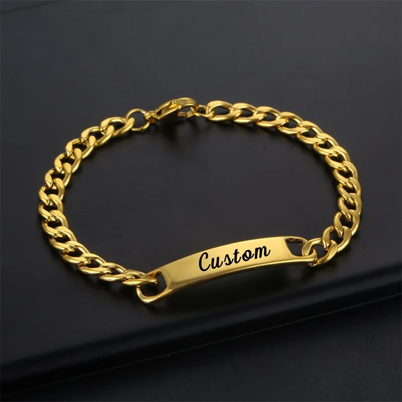 BINSHUO Wholesale Custom Bracelet Jewelry 18k Gold Plated Stainless Steel Cuban Chain Laser Engraving Custom Name Bar Bracelets