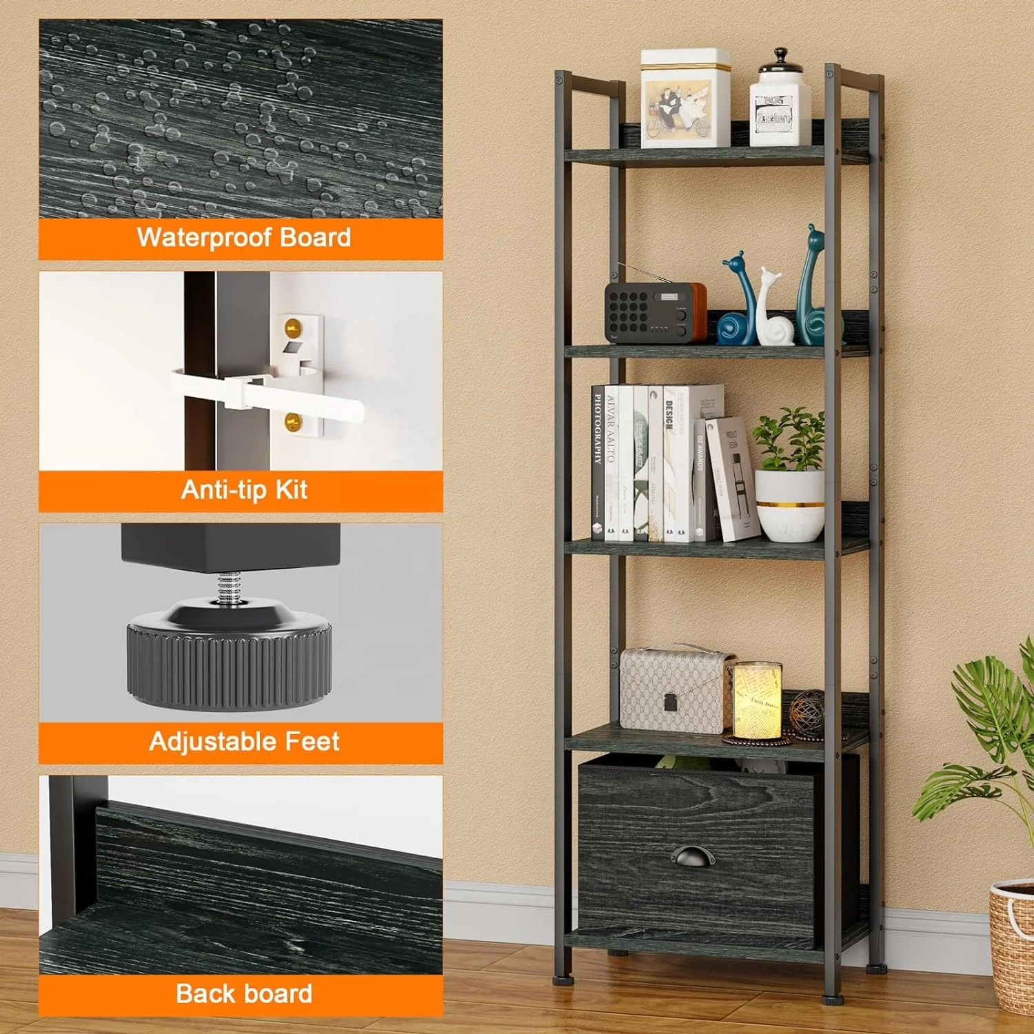 5 Tier Bookshelf with Drawer  Industrial Free Standing Display Shelf Wood and Metal Book Shelf for Bedroom  Living Room