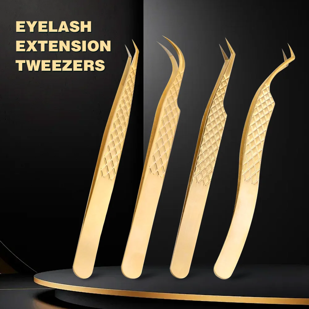 Eyelash Extension Tweezers With Fiber Tips Golden Stainless Steel High Precision Tweezer for Volume Fans Makeup Tools