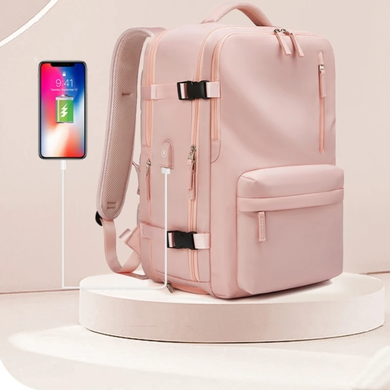 Custom Large  Expandable 16 Inches Business Laptop Backpack Travel Short Trip Woman Pink  Luggage Bag with Shoe Bag for Girls