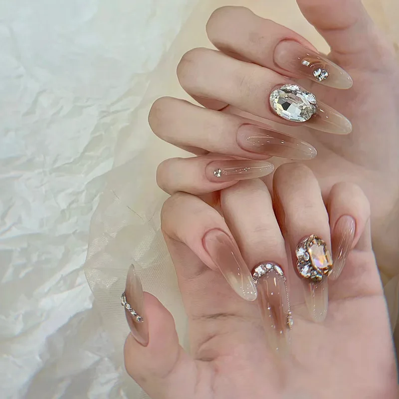 Wholesale 3D Artificial Diamond False Nails Luxury Handmade French Tips Press on Fingernails with Glue Fake Nails Design