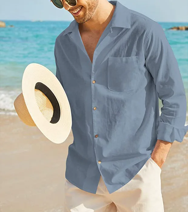 Custom Full Sleeve Oversized Button Cuban Collar Shirt Men Solid Color Cotton Shirts Button Down