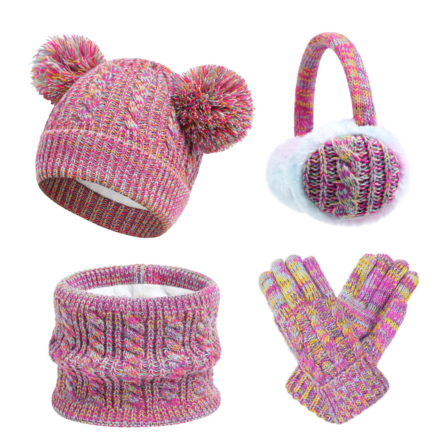 In stock soft liner children four pieces beanie pompom hat neck warmer gloves earmuffs set for winter