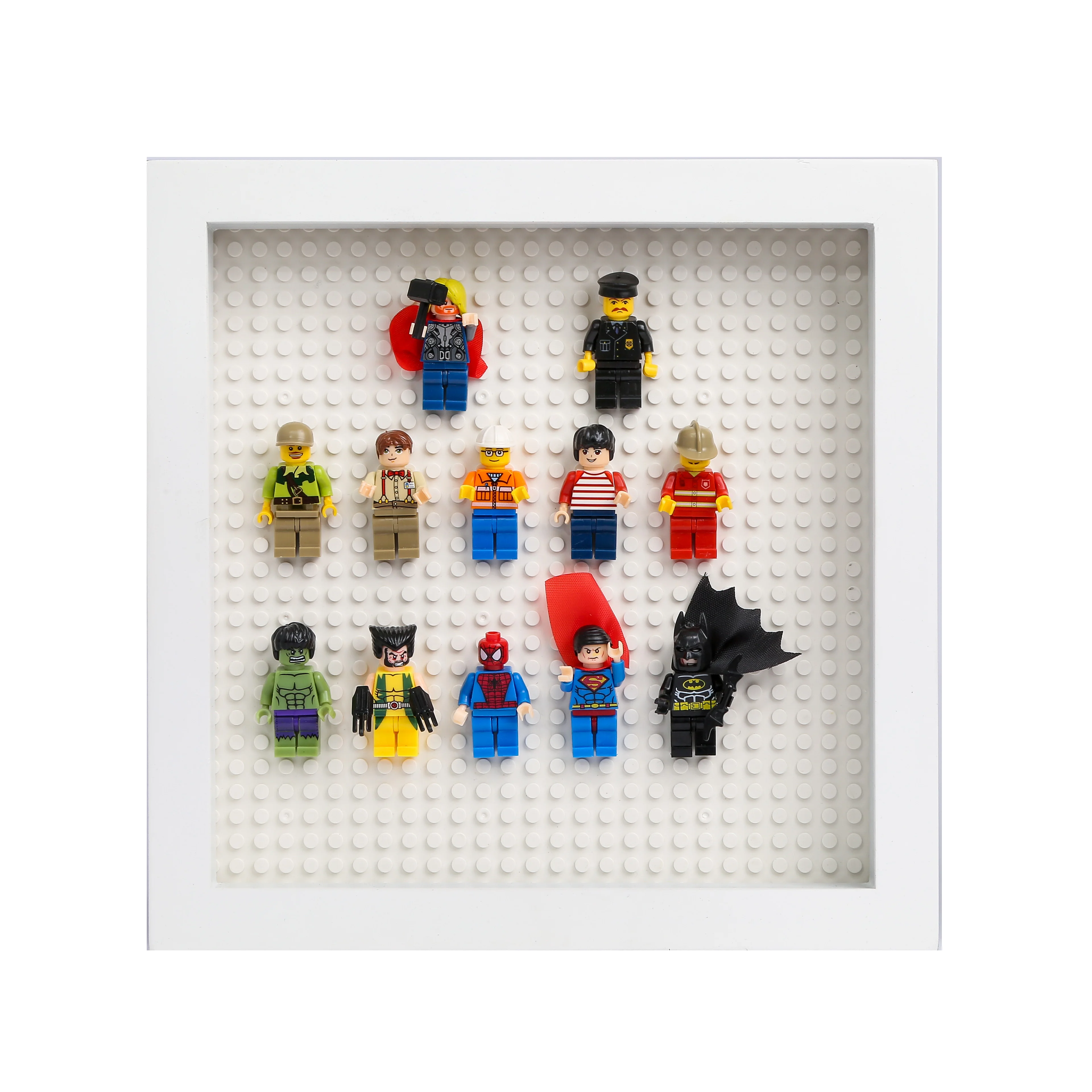 28 x 28 3D Black shadow wood Minifigures Display Case With White Bricks