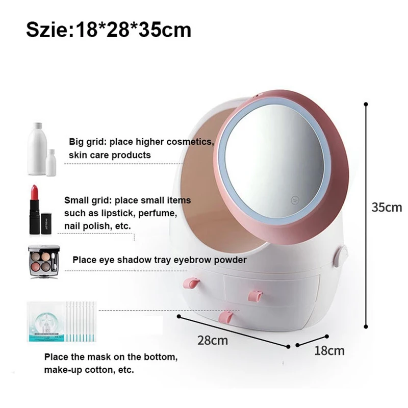 Table Dustproof Rotating Led Mirror Plastic Storage Box Case With Handle Travel Cosmetic Makeup Organizer Storage Box
