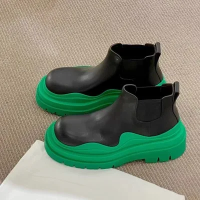 Hot Sell Women Platform Chunky Heel Elastic Tire Ankle Booties Colorblock Chelsea Boots Anti-Slip Flat Round Toe Mid Calf Boots