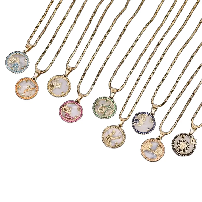 Fashion Jewelry 18k Gold Plated 12 Con-stellation Round Charm Women Colorful Zircon Shell Brass Zodiac Pendant Necklaces