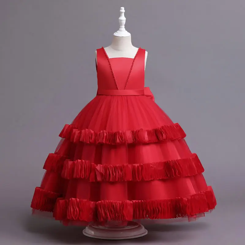 Girls Trailing Lace Dress Flower Kids Dresses for Girls Banquet Show Dress Hot Selling Summer Cotton Mini Satin Fabric