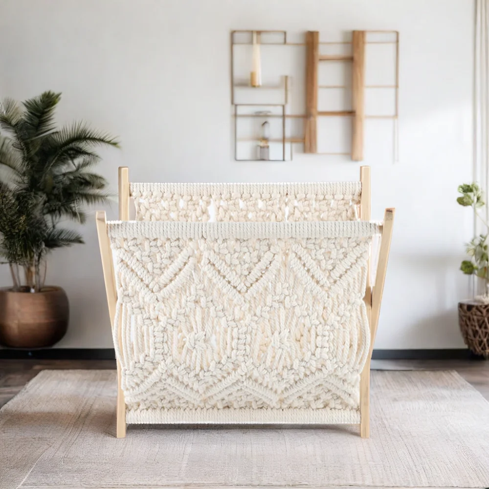 Macrame Storage Holder Woven Magazine Rack Stainless Steel Towel Display Stand Home Office Organizer Rack