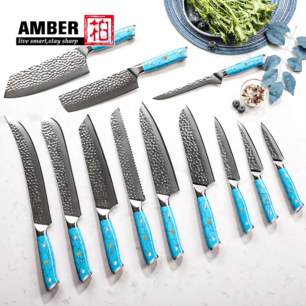 6 inch Ultra sharp damascus knife 67 layer boning knife with pine resin handle with blue turquoise Handle