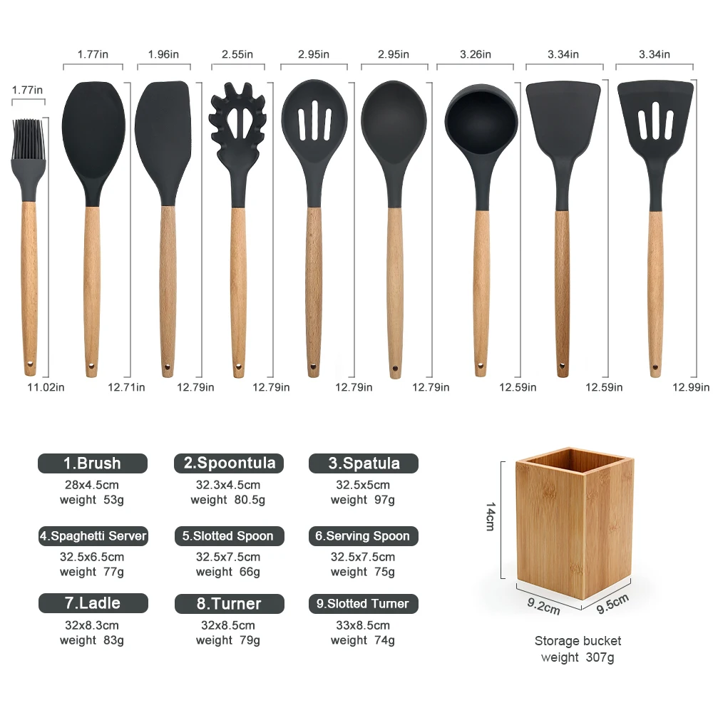 Silicone Cooking Utensil Sets Eco-friendly 10 Pieces Wooden Handles Cooking Tool Silicone Kitchen Utensil Set