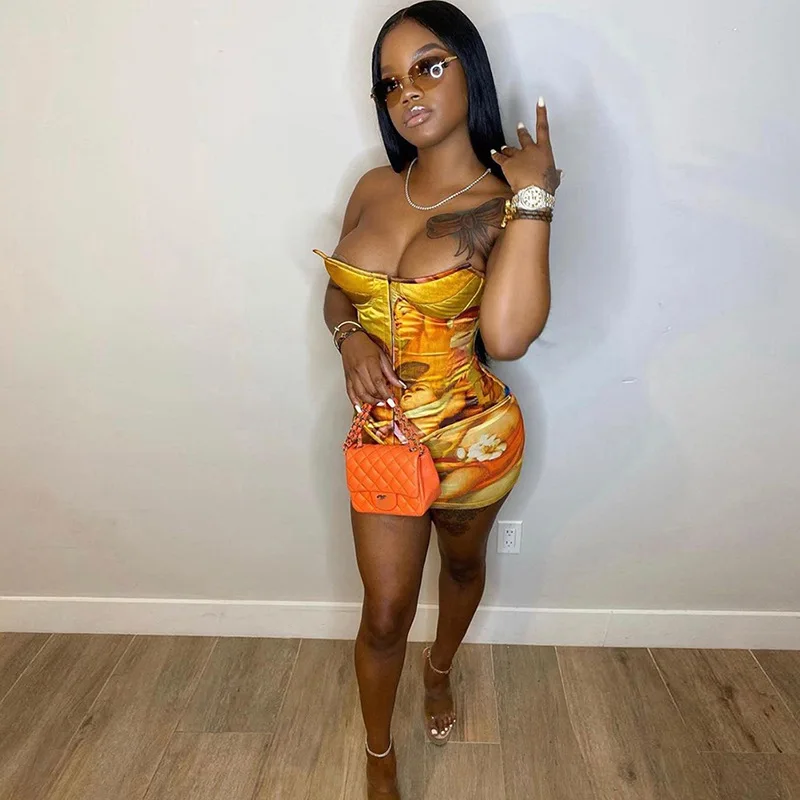 Wholesale 2021 new arrivals spring dresses women two piece off shoulder corset bodycon mini skirt set print dress