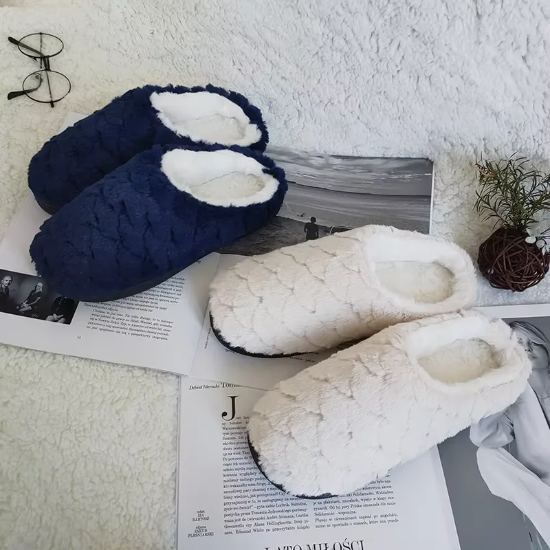 Autumn and winter female indoor slippers women home warm non-slip fish scale pattern lovers soft sole plush slippers