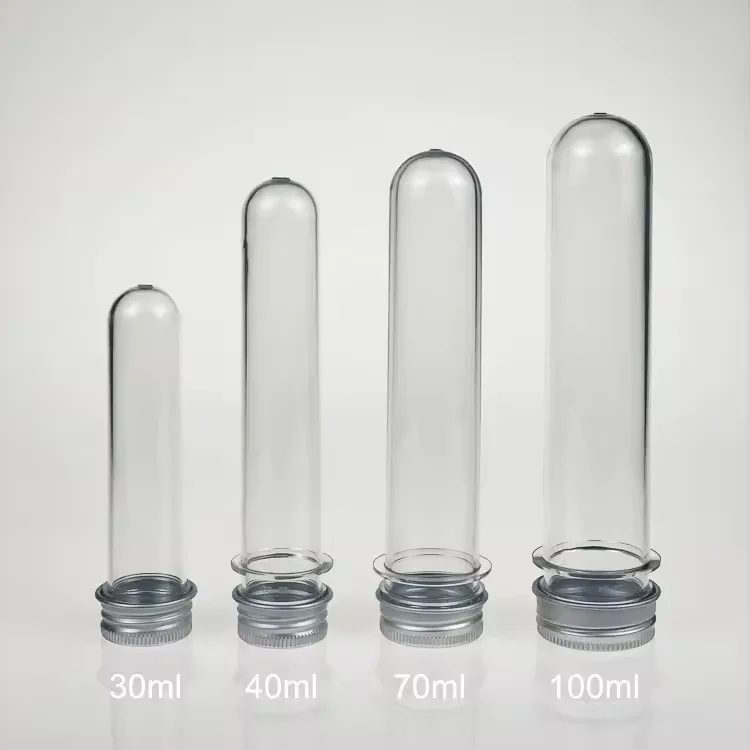 empty food grade 40ml  round shape plastic PET clear packaging tubes metal aluminium screw lids test tubes