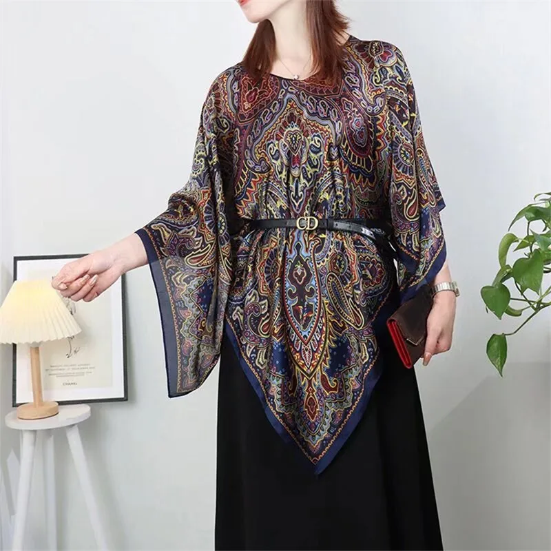 New Fashion Women Large Soft 110*110cm Printing Silk Pullover Summer Luxury Swimsuit Silk Beach Cover Up Pullover For Women