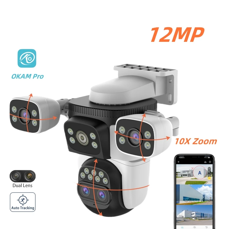 2024 New 10X Zoom HD 12MP Wifi Wireless Camera 4 Lens CCTV System PTZ Outdoor Security Camera 20pcs Led Light Color Night Vision