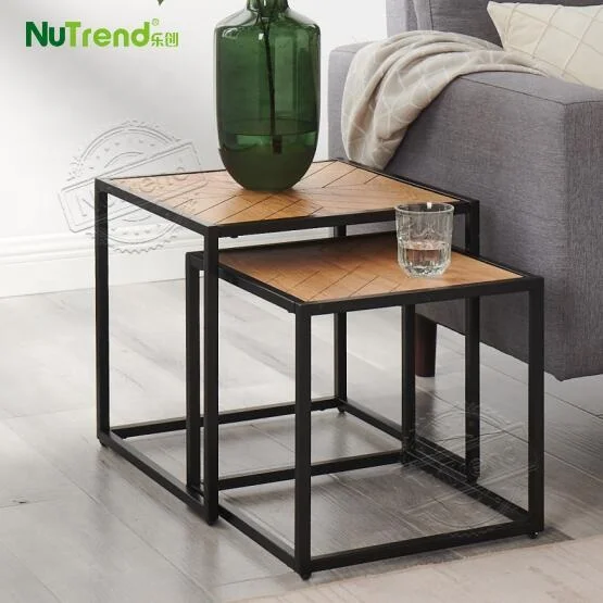 Antique Chevron Pattern Square Top Wood Veneer Metal Nesting Living Room Set of 2 Side Table