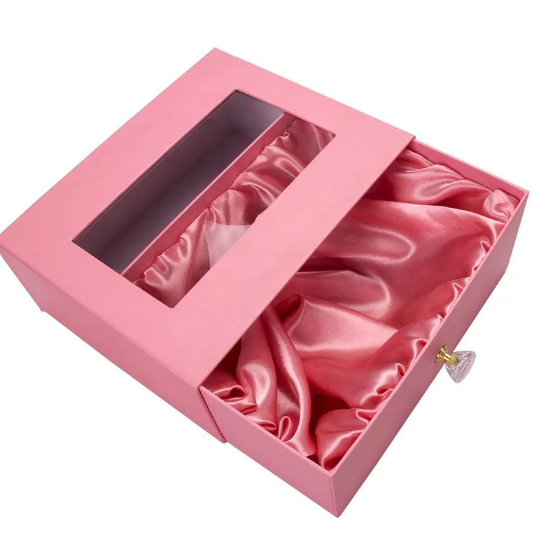 
Luxury hair extension gift or wigs packaging drawer boxes with crystal handle and silk inside 