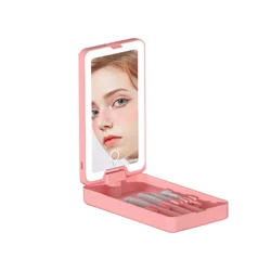Hot Custom Foldable Single Side Pink Square Plastic Portable Make up Chassis Storage touch switch Vanity Brush LED Mirror Set
