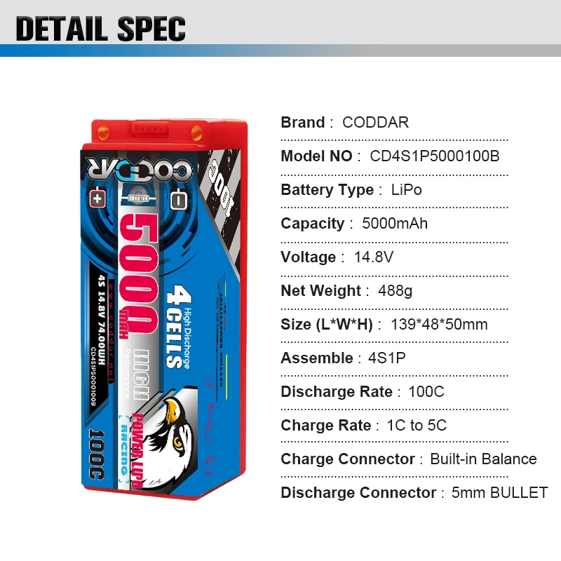 CODDAR 4S 5000MAH 14.8V 100C 200C 5mm Bullet Hard Case RC LiPo Battery 1/10 1/8 Scale RC Car Boat Truggy