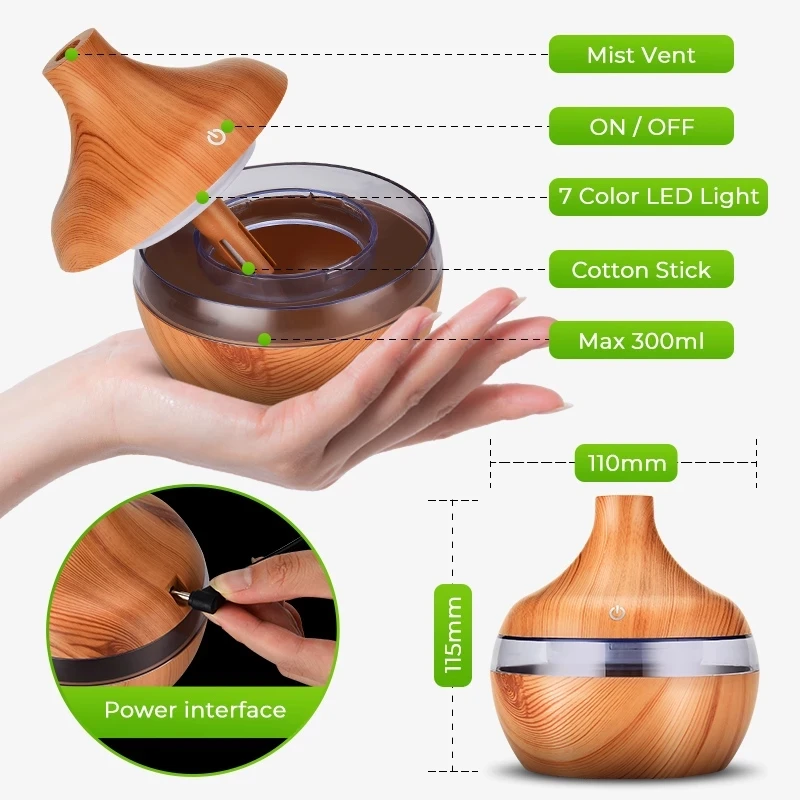 300ml Electric Humidifier Essential Oil Diffuser Ultrasonic Wood Grain Air Humidifier USB Mini Mist Maker 7 LED Light