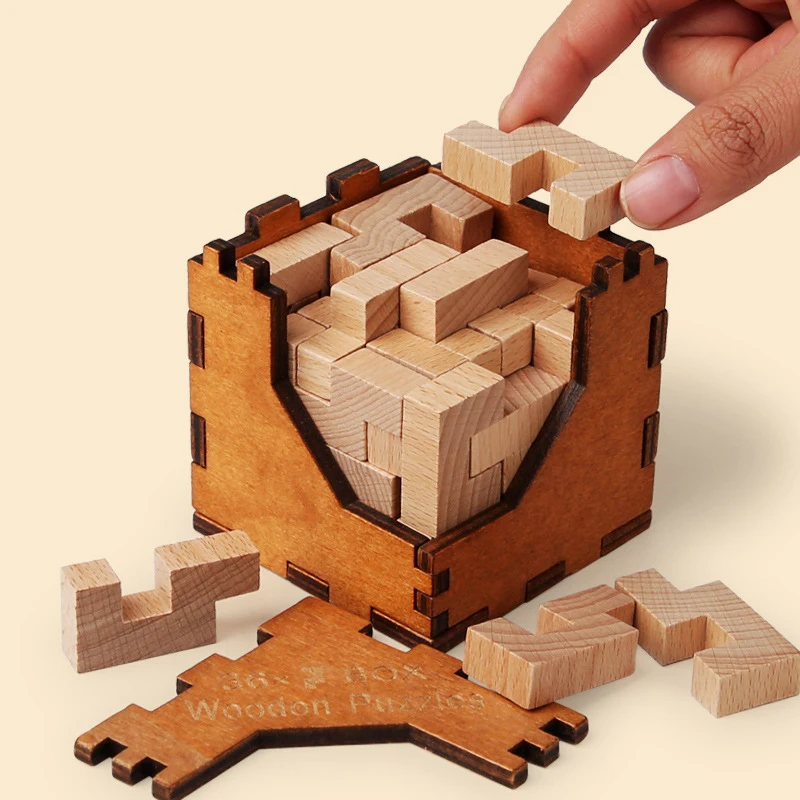 Classic Wooden 36 Pcs Stacking Building Blocks Sets Cube Puzzle Box Brain Teaser Children Three-dimensional Puzzle