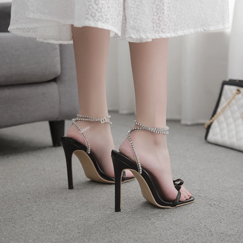 Rhinestone Diamond Square Toe Thong Pink Sandals Ankle Lace up Strap Heels for Ladies