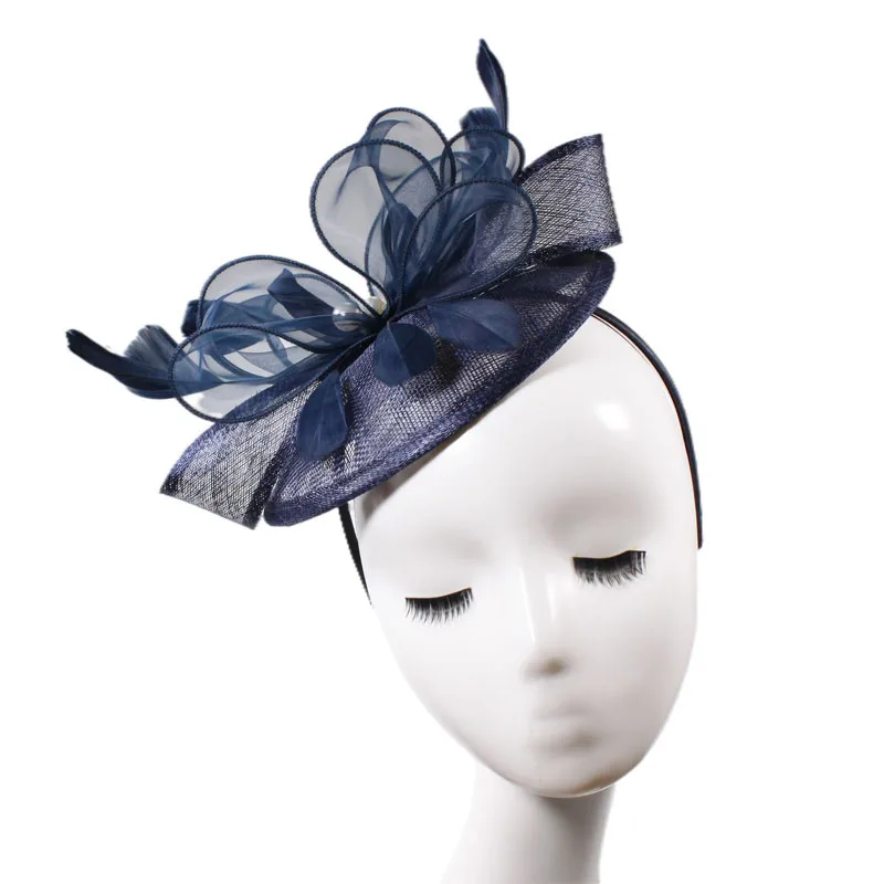 ABPF custom fashion sinamay flower feather headband fascinators tea women party derby church hats with net mesh