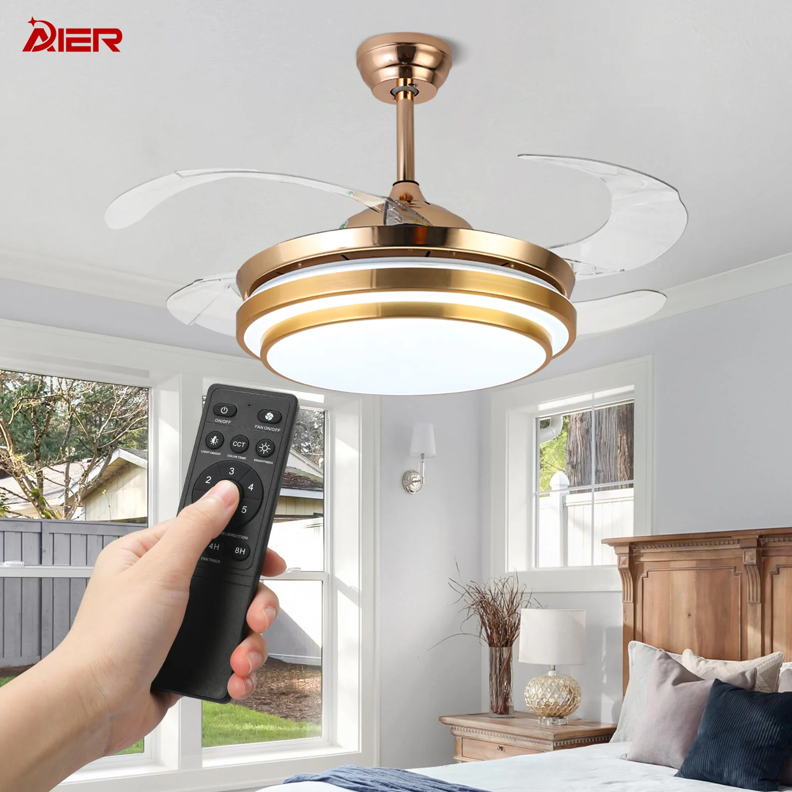 AIERTEC 42' Chandelier modern pendant lights Golden Silver Retractable Invisible Led Ceiling Fan light With Light And Remote