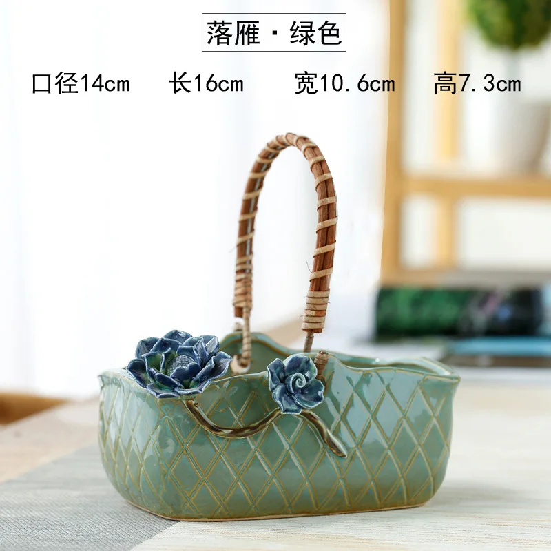Flower Basket Rattan Hand-held Succulent Flowerpot Ceramic Green Plant Pot Indoor Decor Planter Container Pottery Basin