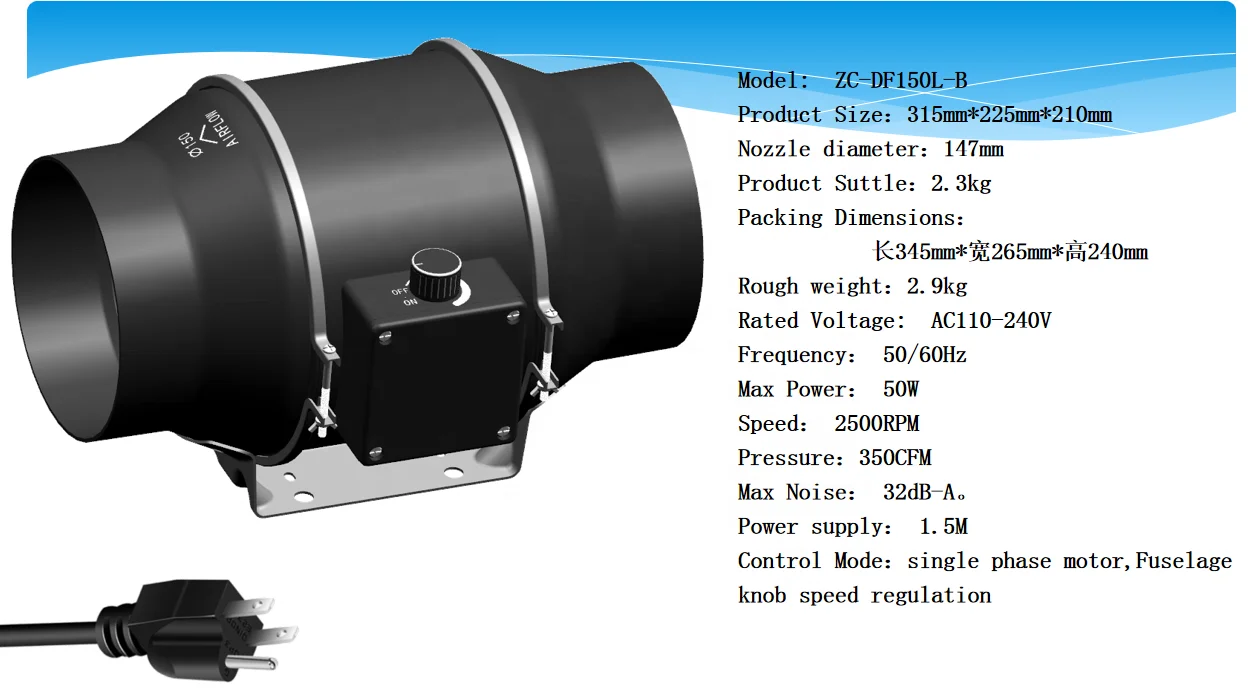 Circular 6 inch Duct Fan with 0-100% Variable Speed Controller - Ventilation Exhaust Fan grow Hydroponics tent exhaust fan