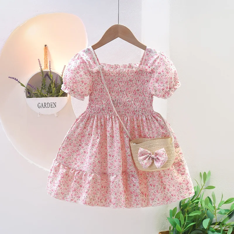 Summer Girls Flowers Sweet Pink Print 6-10years Old Girl Children Dress beach dress + bag girl clothes