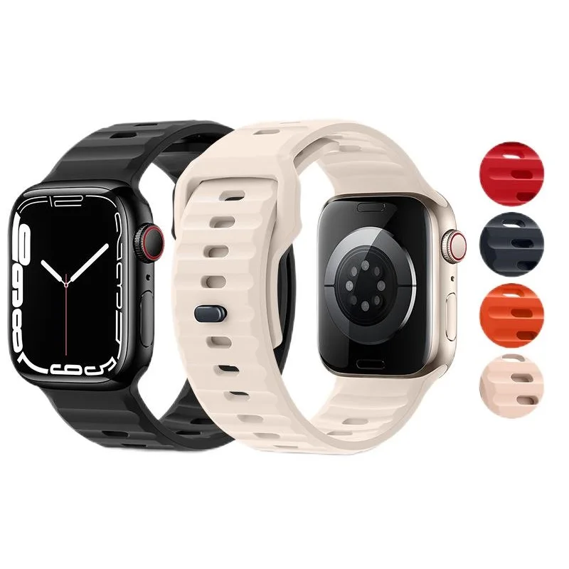 Гибкий и водонепроницаемый однотонный ремешок со ступенчатым узором для Apple Watch серии 1-9/SE/S9/Ultra2 Iwatch силиконовый часов