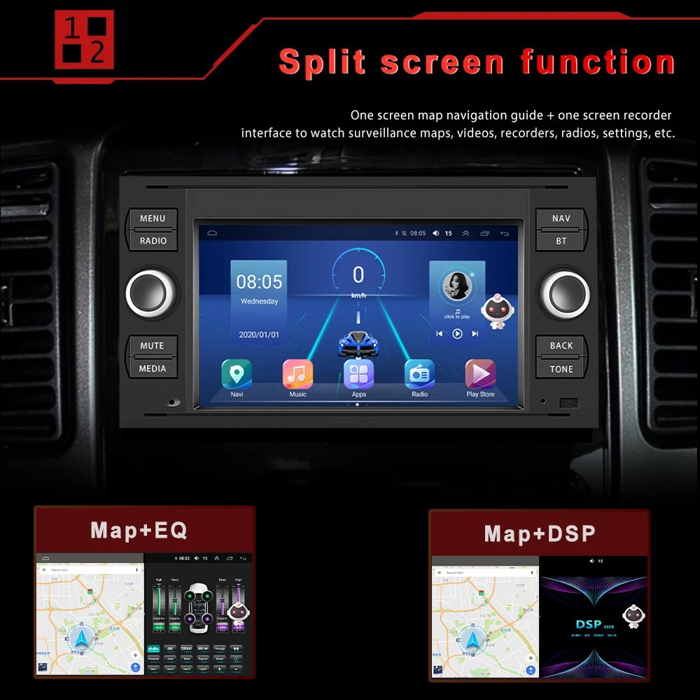 Android 10.0 7' IPS Screen AI Car Carplay 4+64G 8 Core Android Car Radio Stereo Autoradio GPS//Wifi/4G/DSP/Hi-Res For Ford