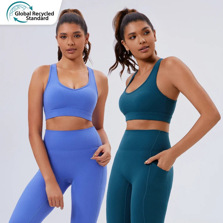 Custom fitness apparel recycled yoga sets for women manufacturer workout activewear female gym fitness set ribbed yoga set women