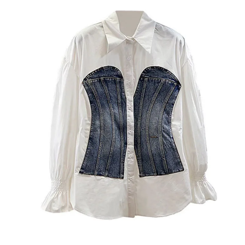 Oudina Fashion Contrast Color Pleats Ladies Blouse Splice Denim Blouses Elegant Women Slim Blouses And Shirts For Women