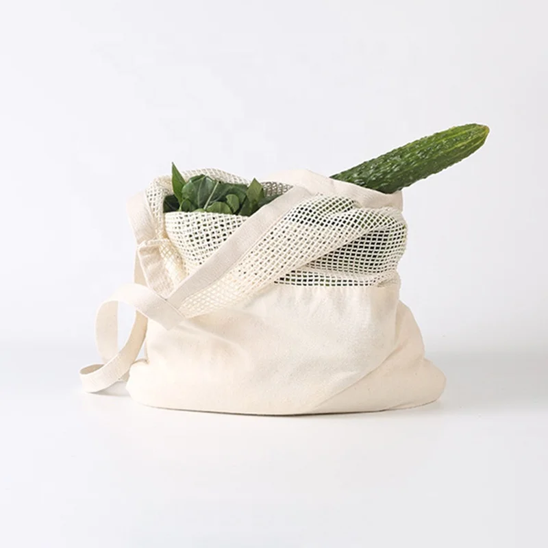 Eco Friendly Reusable Long hand-held Splicing Cotton Mesh Bags Grocery Canvas Cotton Mesh Shopping bag